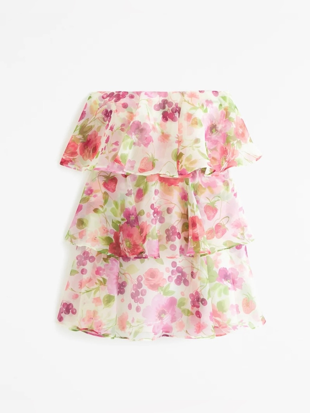 Abercrombie & Fitch White Floral Organza Tiered Strapless Mini Dress - XSP